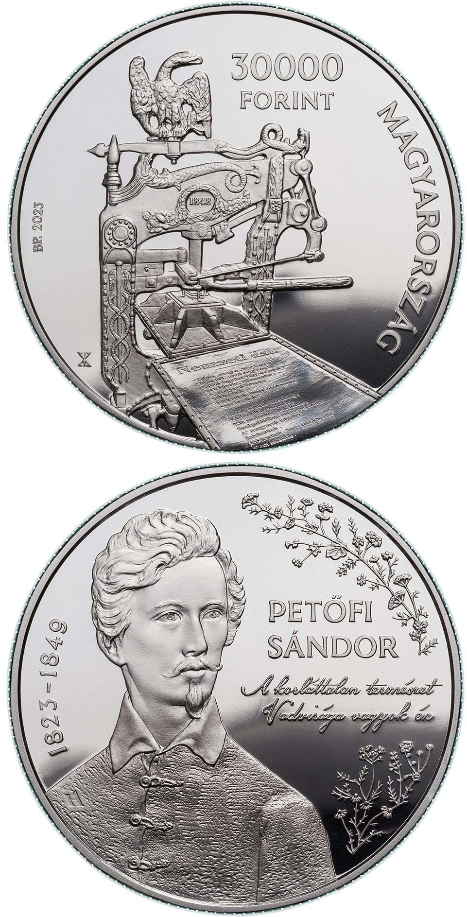 Image of 30000 forint coin - Sándor Petőfi and The Revolution and War of Independence of 1848/1849 | Hungary 2023.  The Silver coin is of Proof quality.