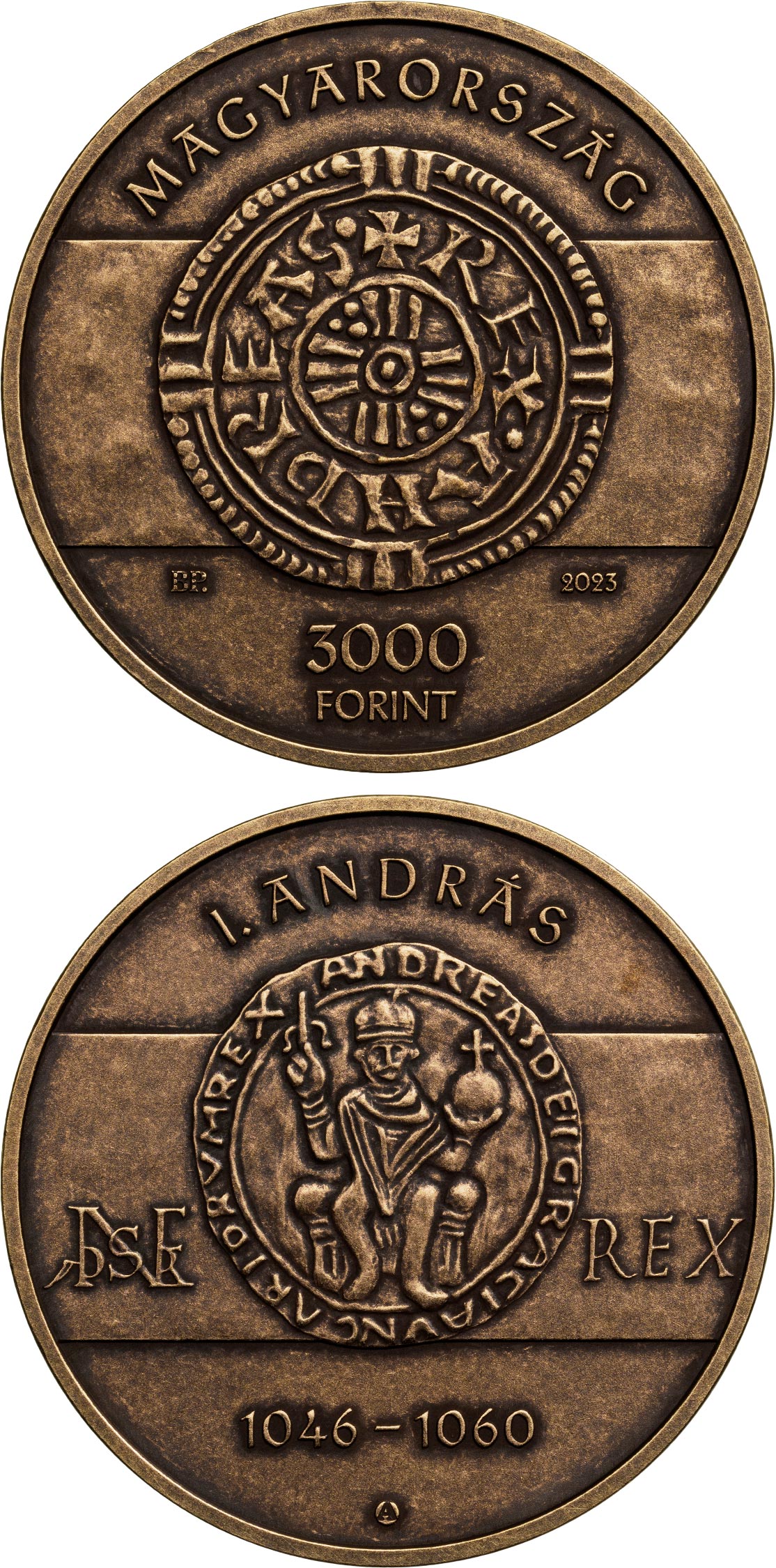 Image of 3000 forint coin - King Andrew I | Hungary 2023.  The Brass coin is of BU quality.
