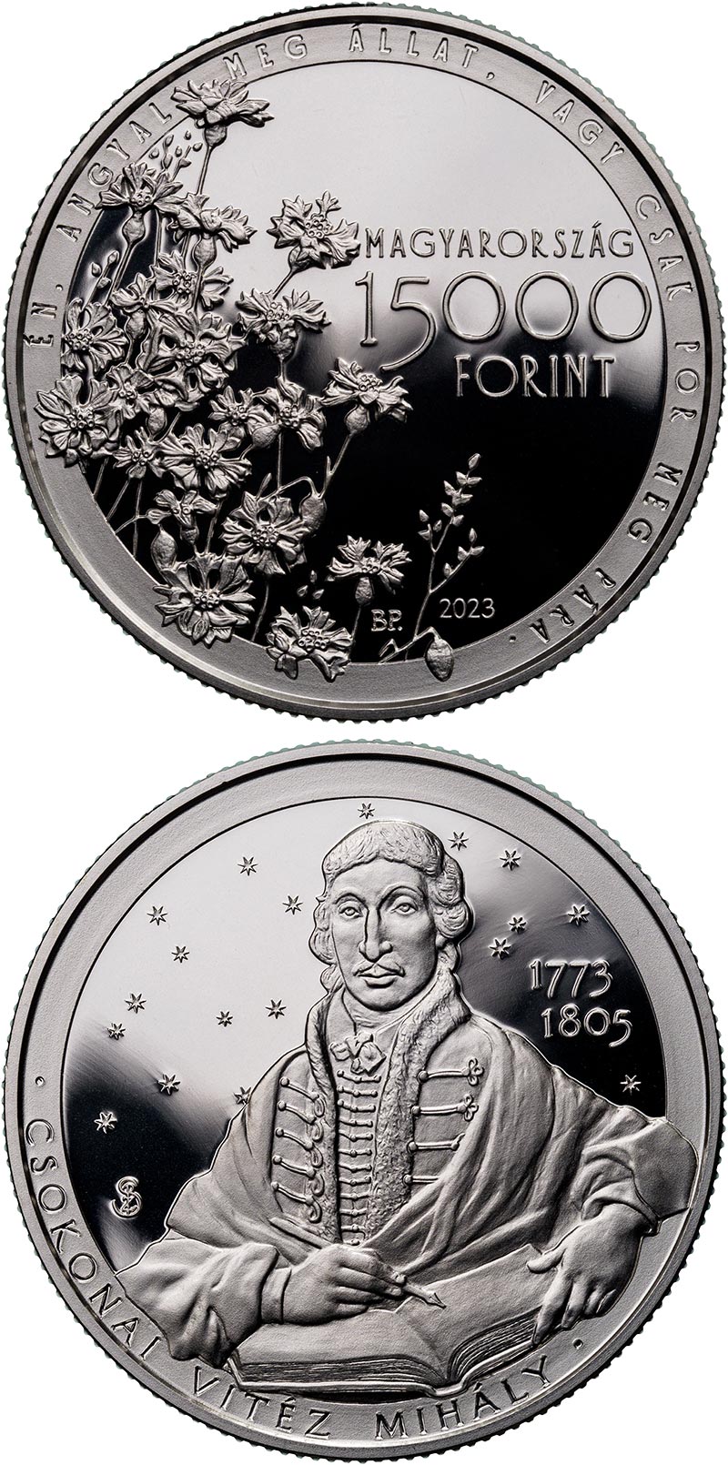 Image of 15000 forint coin - 250th Anniversary of the Birth of Mihály Csokonai Vitéz | Hungary 2023.  The Silver coin is of Proof, BU quality.