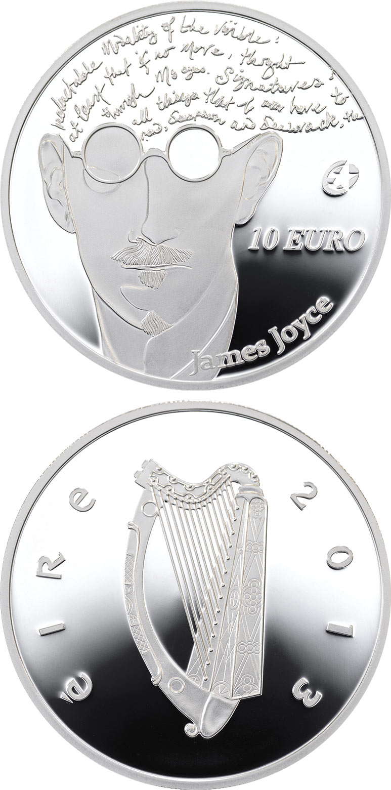 Image of 10 euro coin - James Joyce | Ireland 2013.  The Silver coin is of Proof quality.