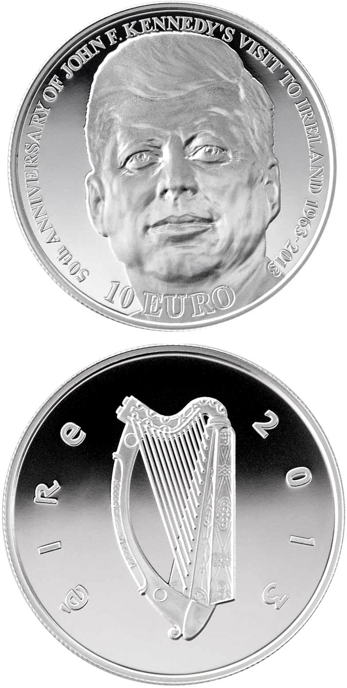 Image of 10 euro coin - 50th Anniversary of President John F. Kennedy’s visit to Ireland | Ireland 2013.  The Silver coin is of Proof quality.