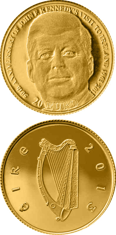 Image of 20 euro coin - 50th Anniversary of President John F. Kennedy’s visit to Ireland15 | Ireland 2013.  The Gold coin is of Proof quality.
