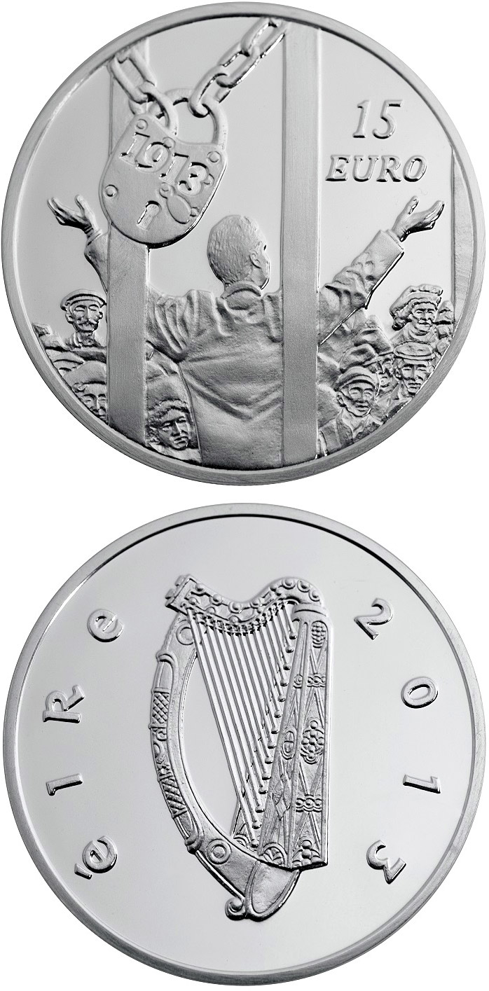 Image of 15 euro coin - The centenary of the 1913 Dublin Lockout | Ireland 2013.  The Silver coin is of Proof quality.