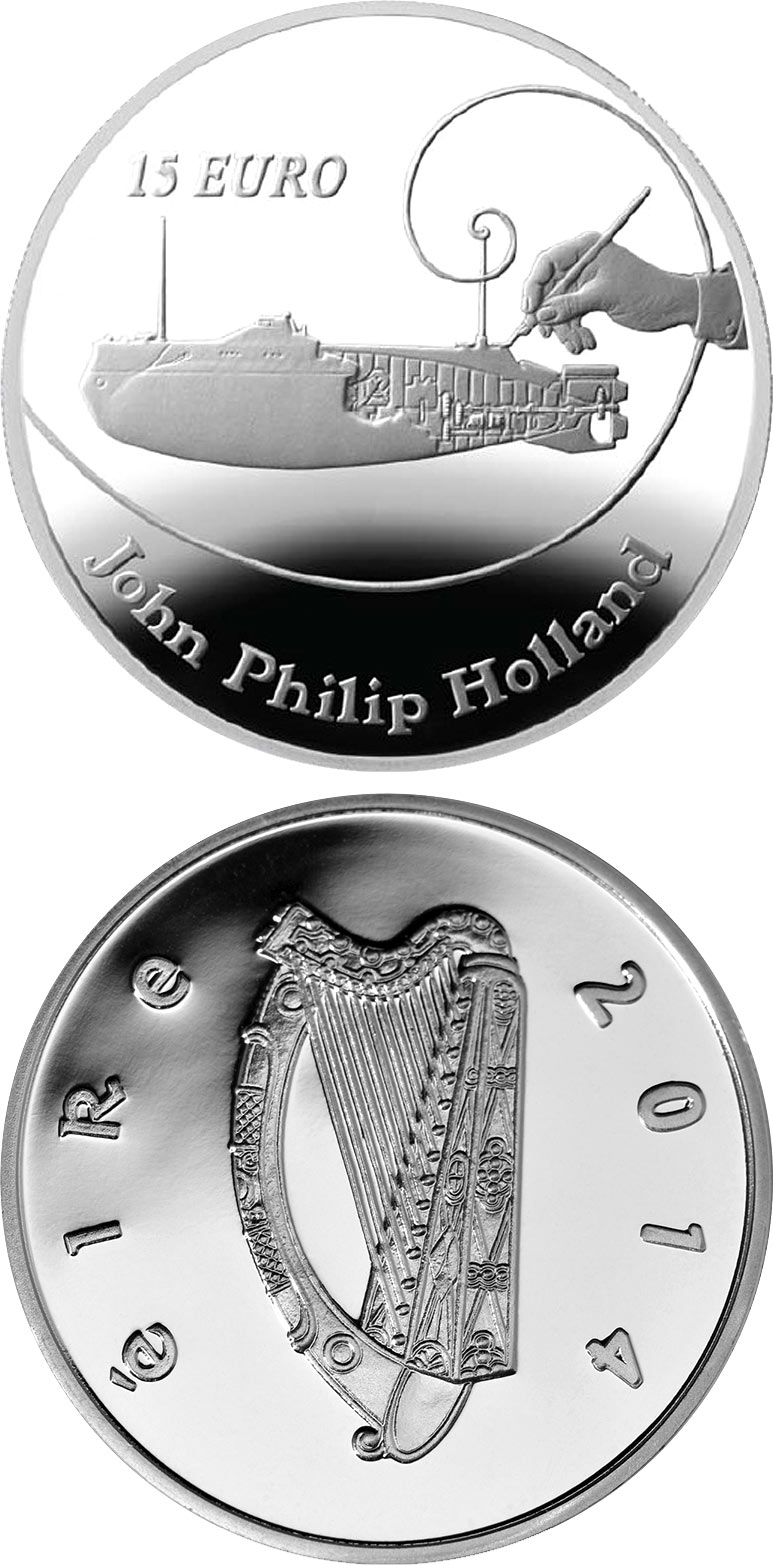 Image of 15 euro coin - John Philip Holland | Ireland 2014.  The Silver coin is of Proof quality.