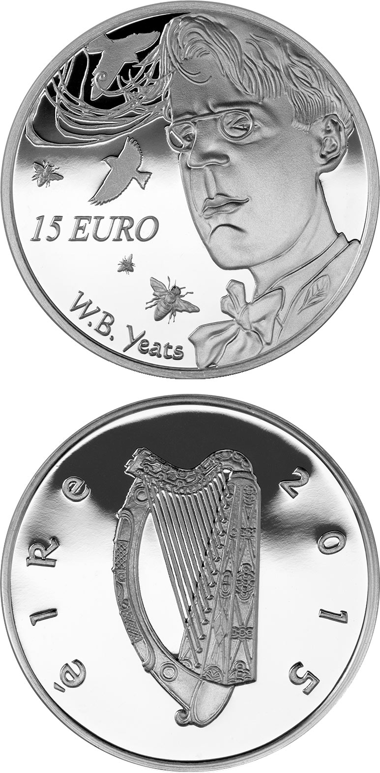 Image of 15 euro coin - 150th Anniversary of the Birth of W.B. Yeats | Ireland 2015.  The Silver coin is of Proof quality.