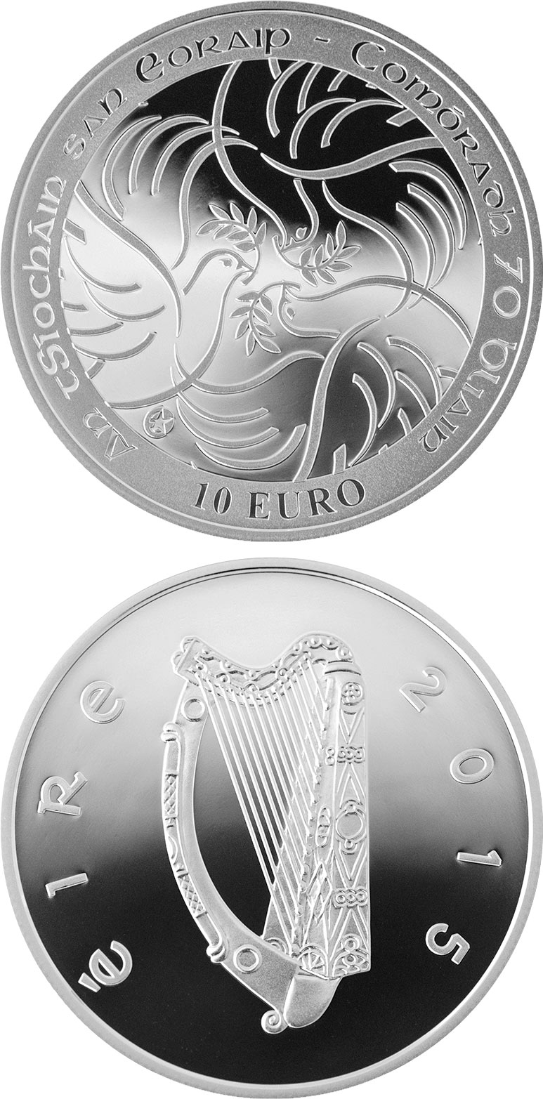 Image of 10 euro coin - 70th Anniversary of the End of the Second World War | Ireland 2015.  The Silver coin is of Proof quality.