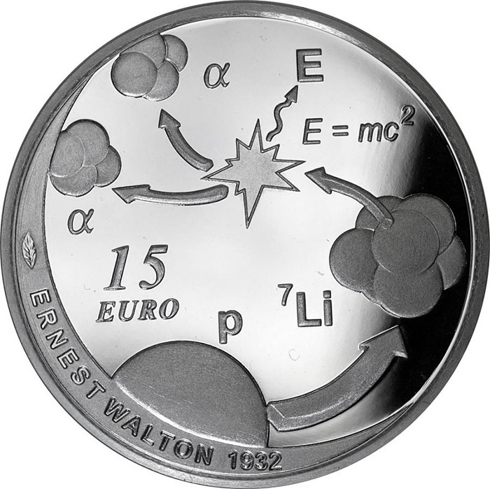 Image of 15 euro coin - The Nobel Prize in Physics, Ernest Walton | Ireland 2015.  The Silver coin is of Proof quality.