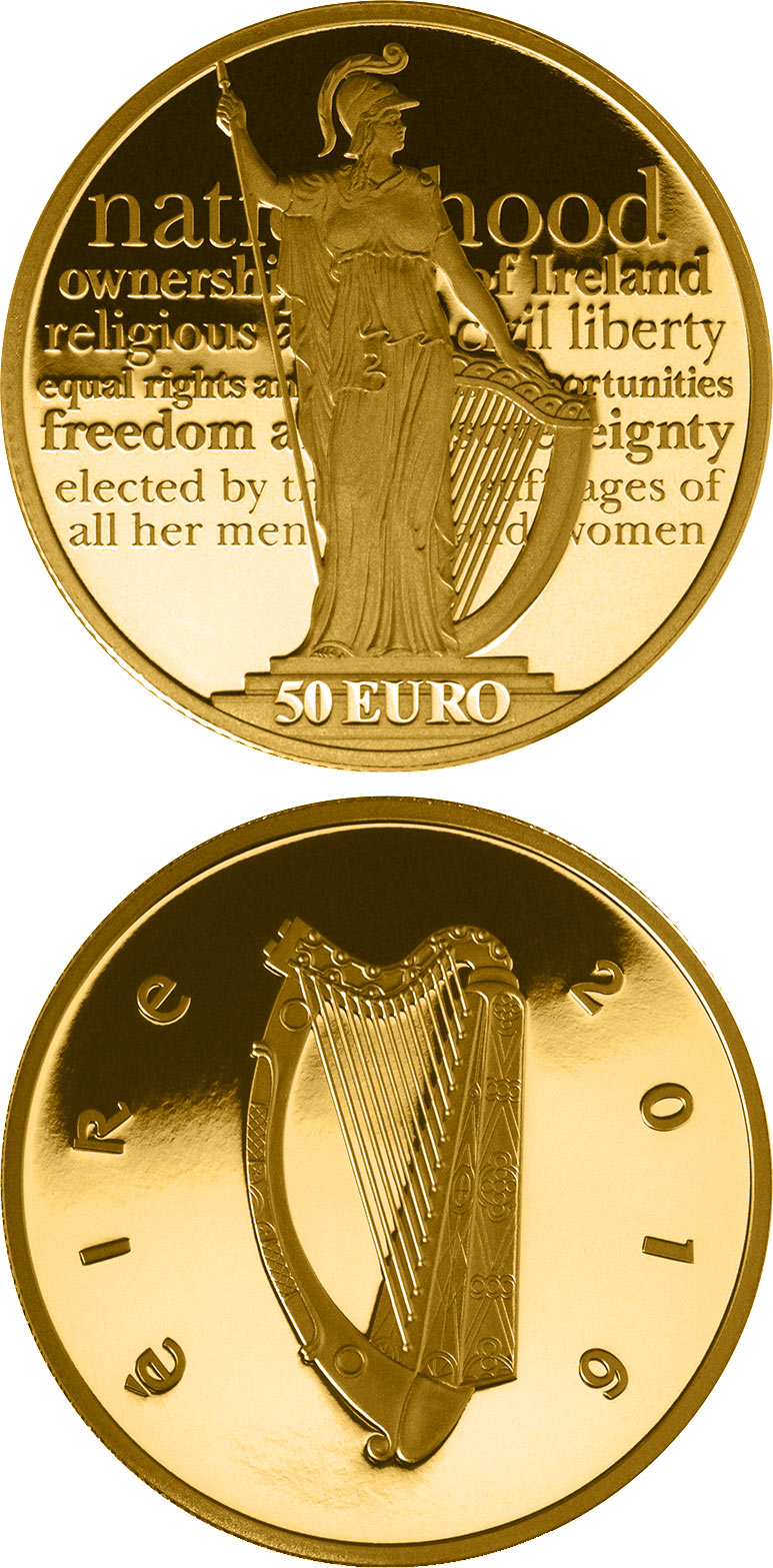 Image of 50 euro coin - 100th anniversary of the Proclamation of the Irish Republic | Ireland 2016.  The Gold coin is of Proof quality.