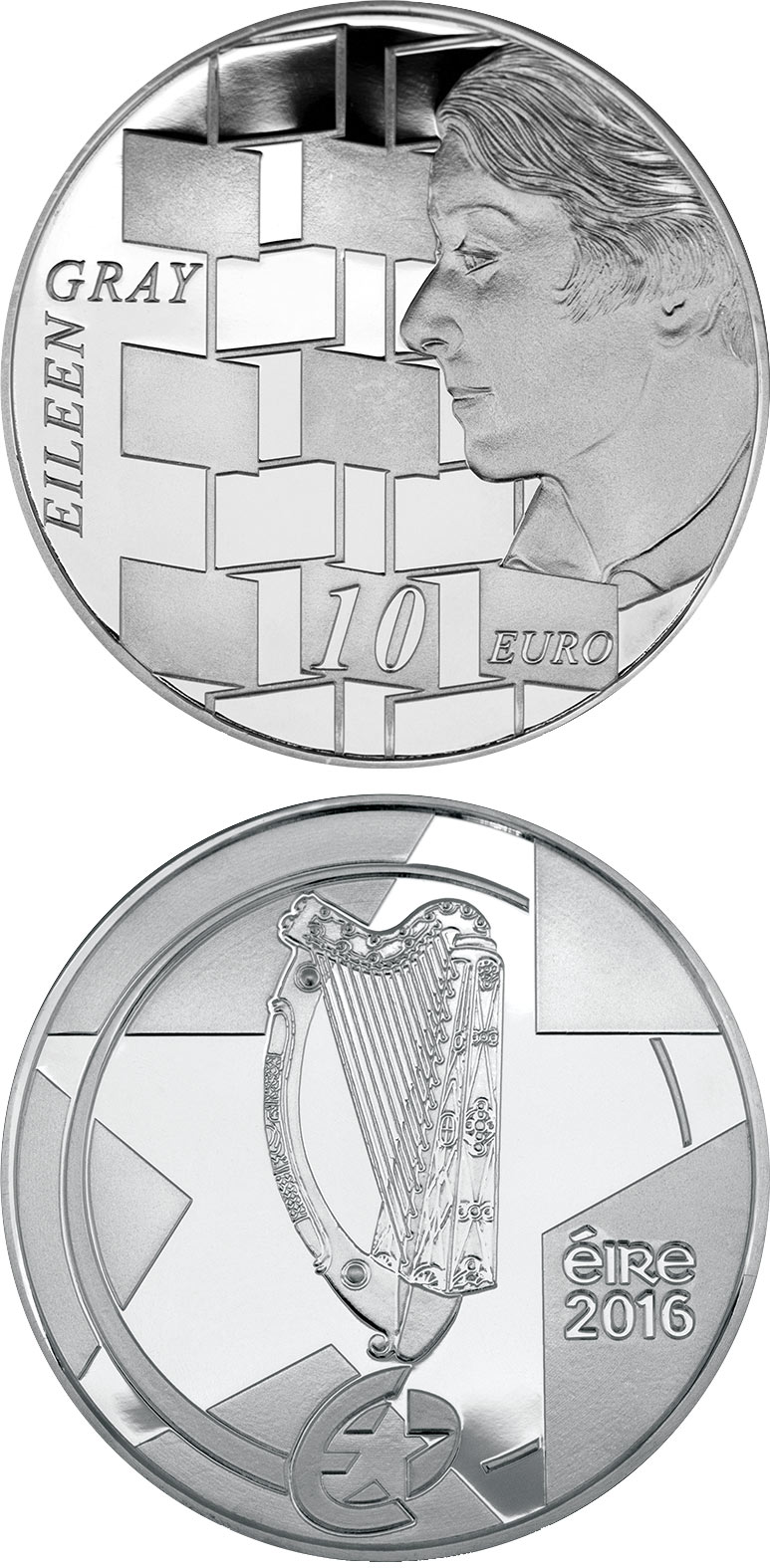Image of 10 euro coin - Eileen Gray | Ireland 2016.  The Silver coin is of Proof quality.