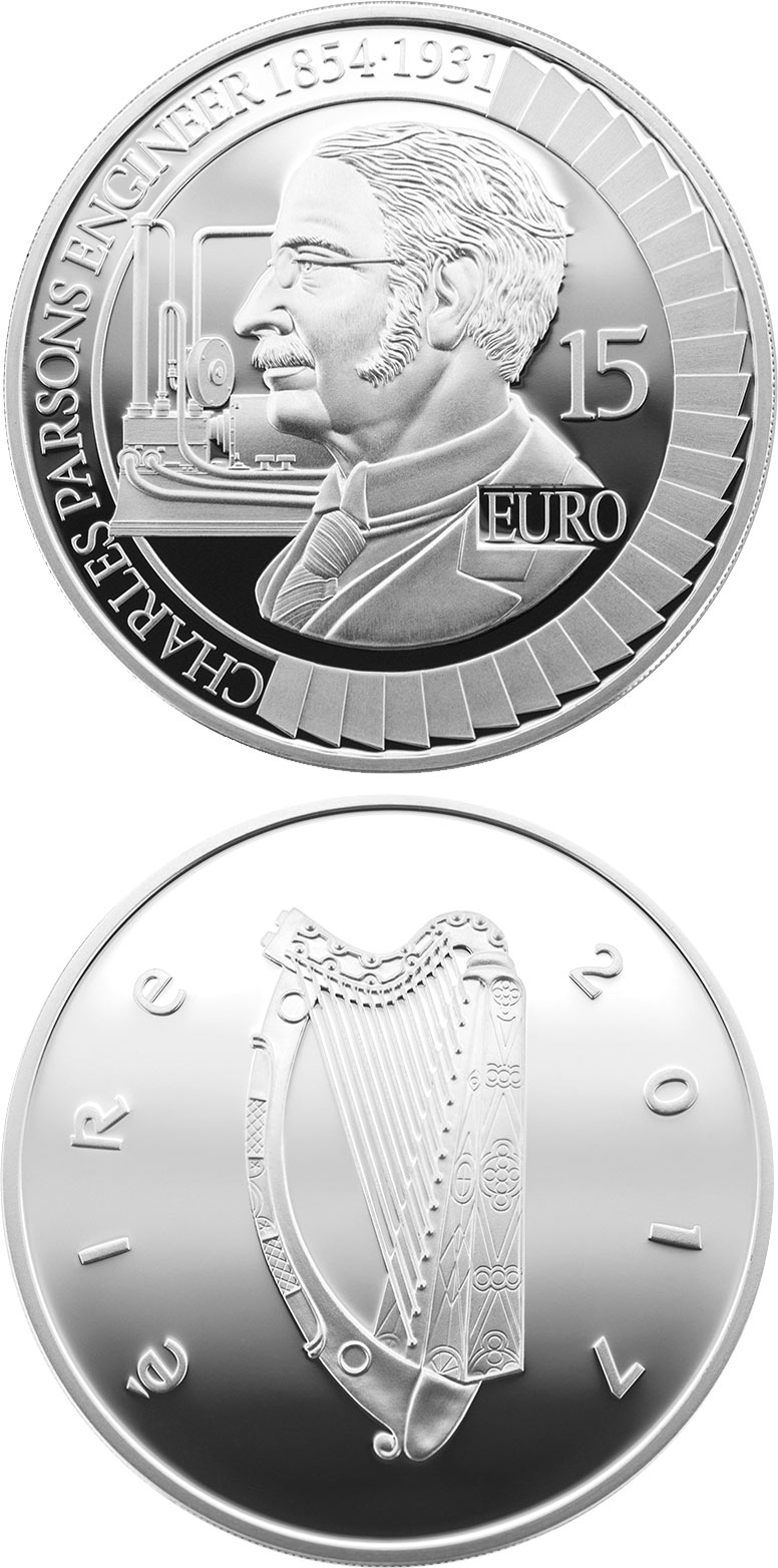 Image of 15 euro coin - Sir Charles Algernon Parsons | Ireland 2017.  The Silver coin is of Proof quality.