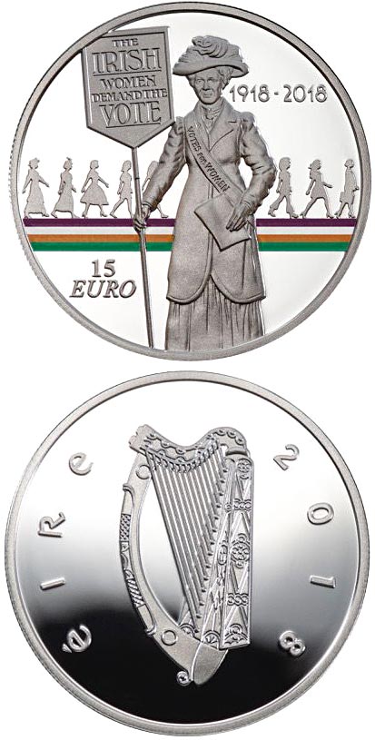 Image of 15 euro coin - 100 Years Since Women Won the Right to Vote | Ireland 2018.  The Silver coin is of Proof quality.