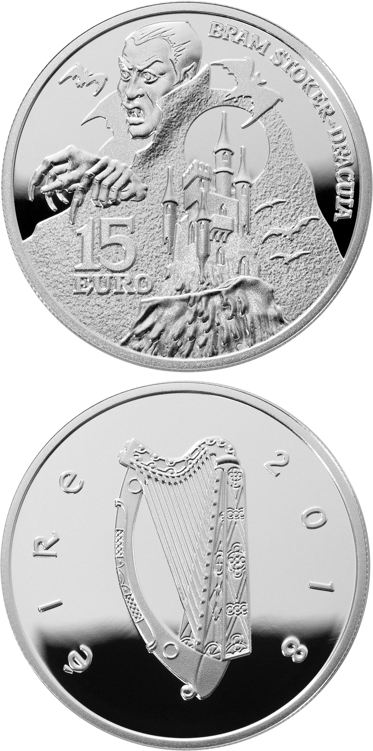 Image of 15 euro coin - Abraham Stoker - Dracula | Ireland 2018.  The Silver coin is of Proof quality.