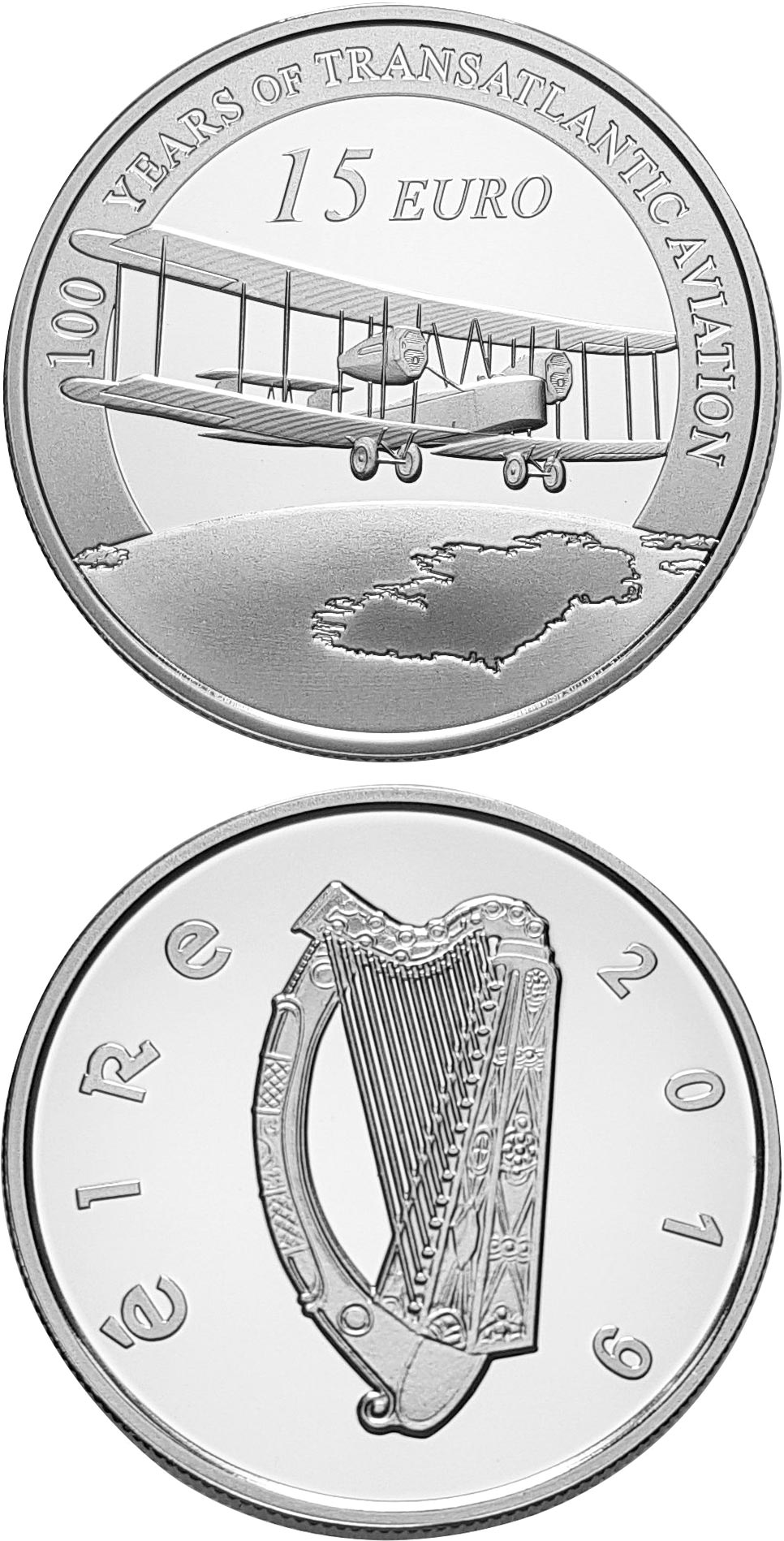 Image of 15 euro coin - 100 Years since the First Trans-Atlantic Flight | Ireland 2019.  The Silver coin is of Proof quality.