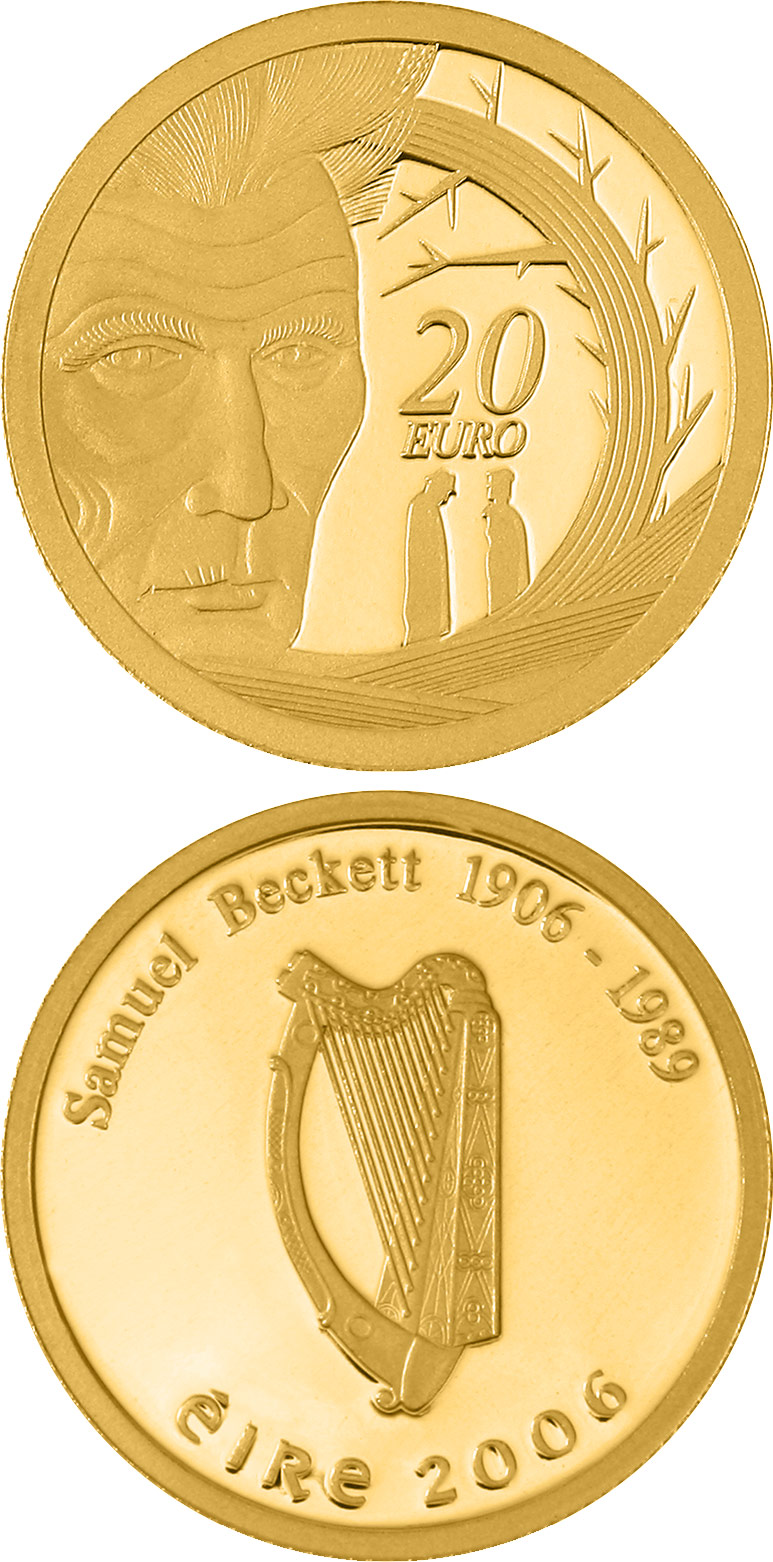 Image of 20 euro coin - Samuel Beckett Birth 100th Anniversary | Ireland 2006.  The Gold coin is of Proof quality.