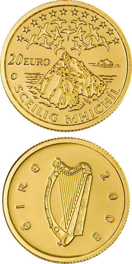 Image of 20 euro coin - UNESCO Heritage Site of Skellig Michael | Ireland 2008.  The Gold coin is of Proof quality.