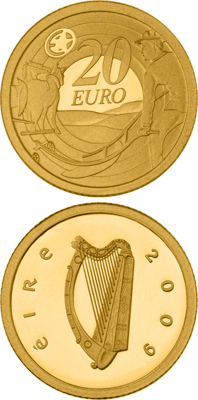 Image of 20 euro coin - 80th Anniversary of Ploughman´s Banknotes Launch | Ireland 2009.  The Gold coin is of Proof quality.