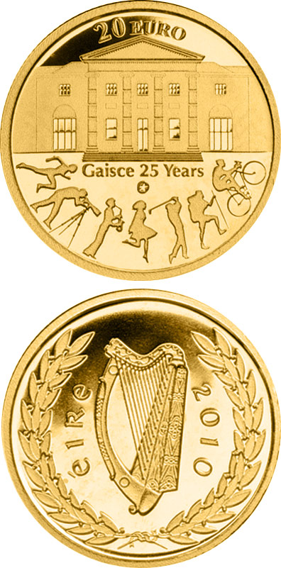 Image of 20 euro coin - 25th anniversary of Gaisce/The President's Award | Ireland 2010.  The Gold coin is of Proof quality.