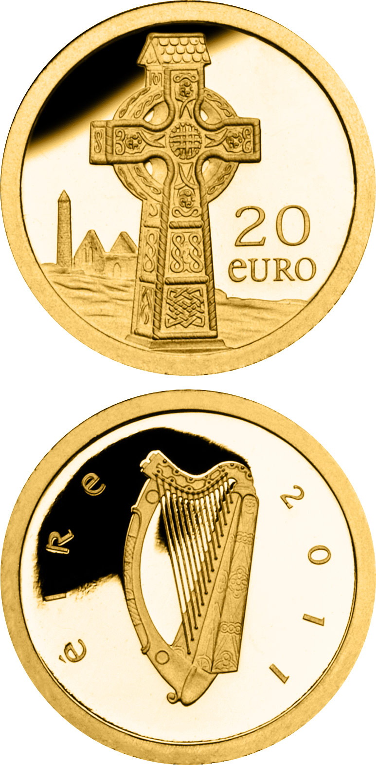 Image of 20 euro coin - Celtic Cross | Ireland 2011.  The Gold coin is of Proof quality.