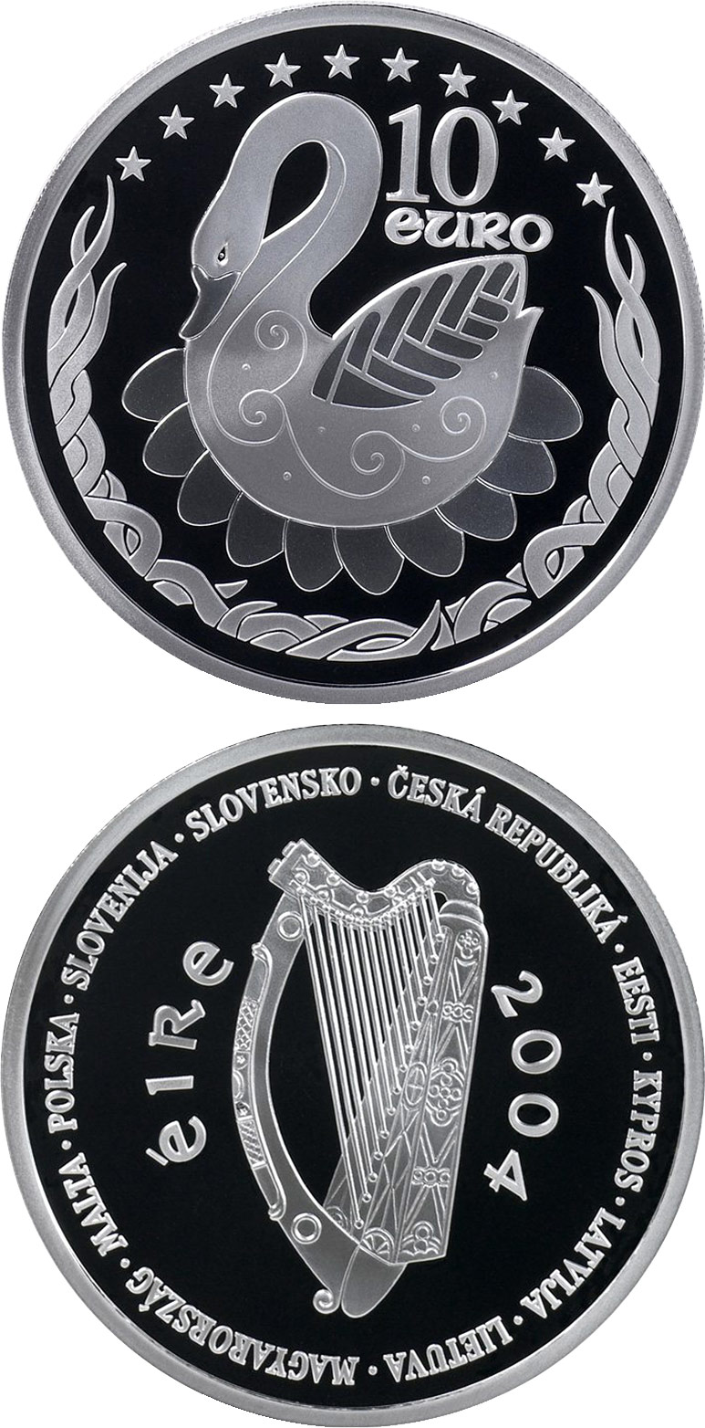 Image of 10 euro coin - European Union Accession | Ireland 2004.  The Silver coin is of Proof quality.