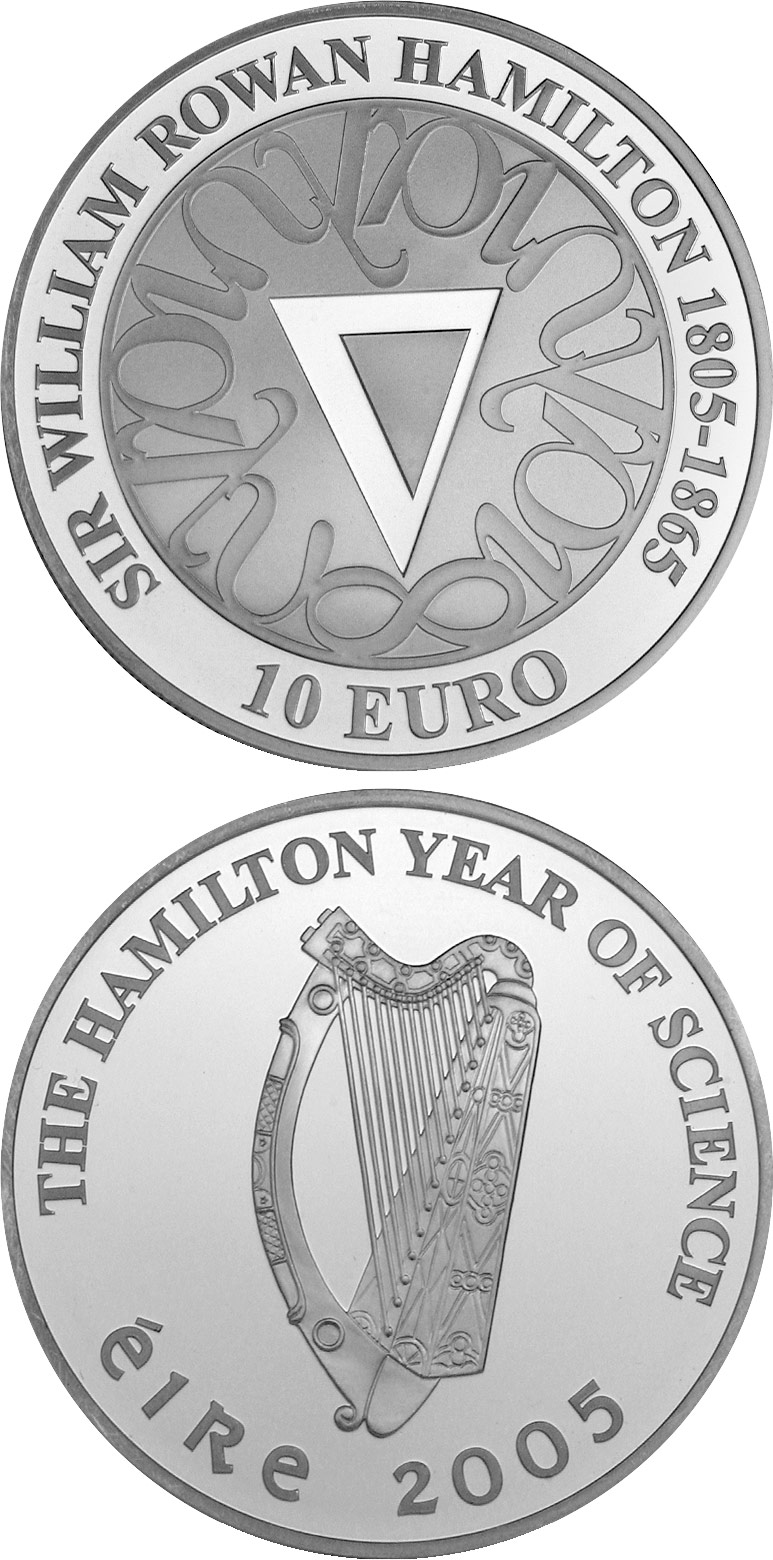 Image of 10 euro coin - Sir William Rowan Hamilton Birth 200th Anniversary | Ireland 2005.  The Silver coin is of Proof quality.