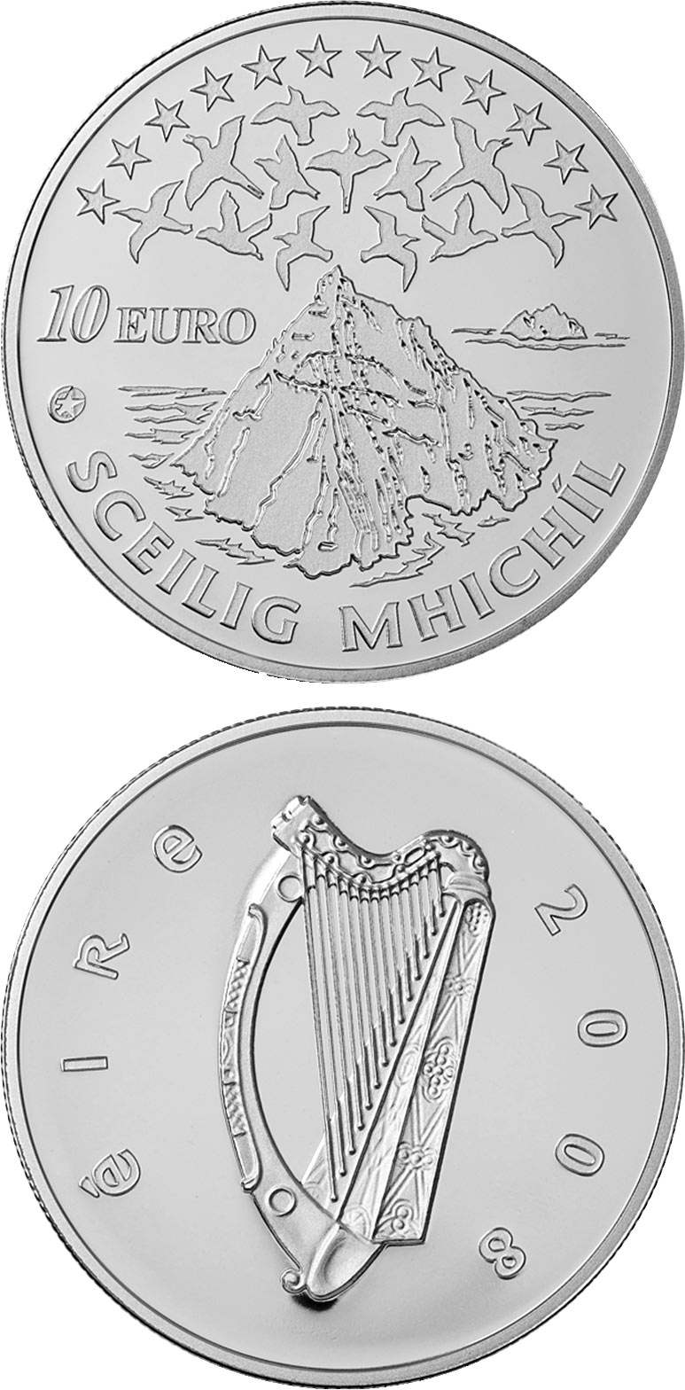 Image of 10 euro coin - UNESCO Heritage Site of Skellig Michael | Ireland 2008.  The Silver coin is of Proof quality.
