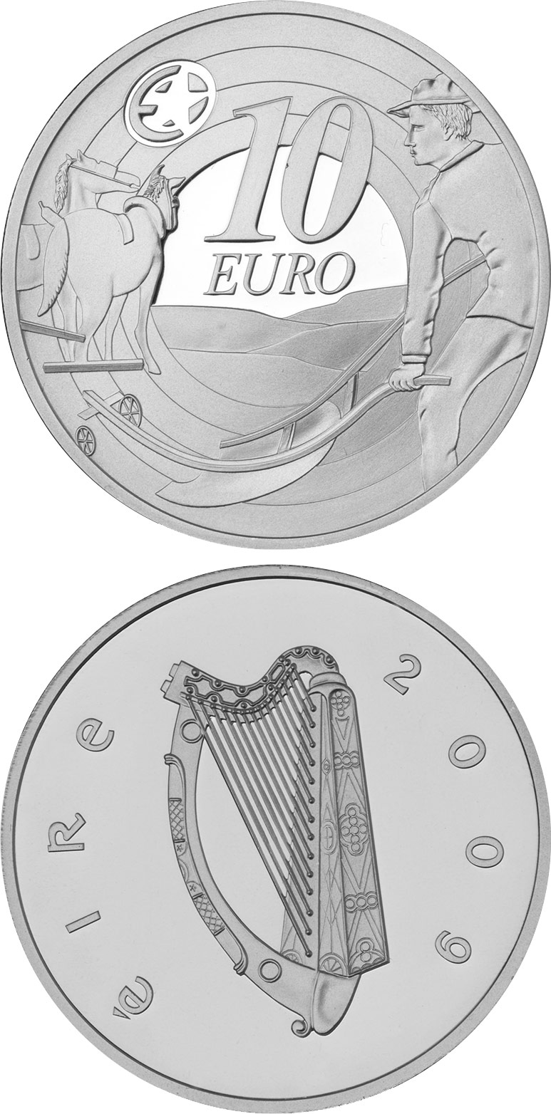 Image of 10 euro coin - 80th Anniversary of Ploughman´s Banknotes Launch | Ireland 2009.  The Silver coin is of Proof quality.