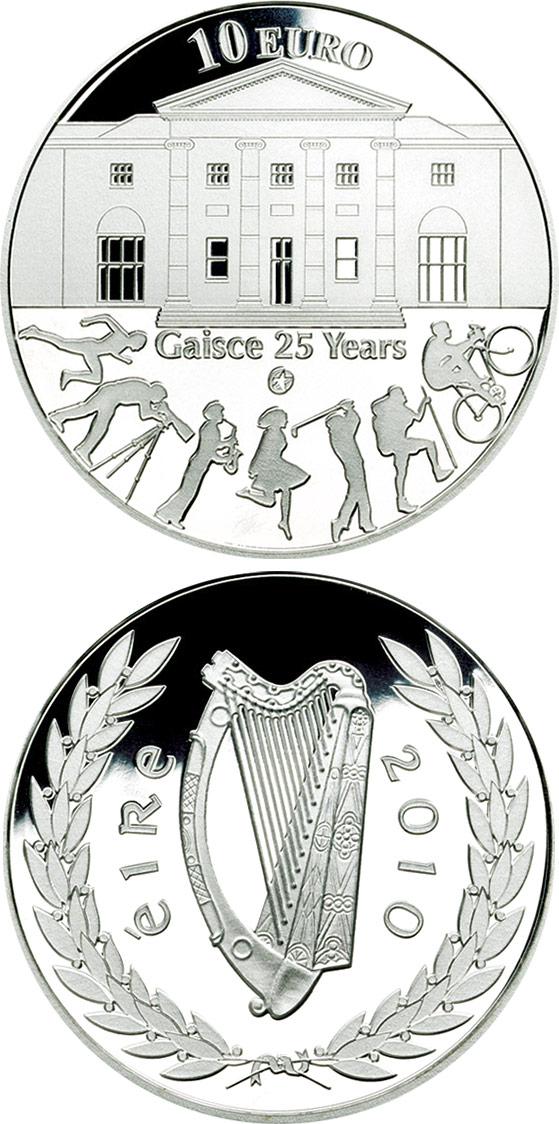 Image of 10 euro coin - 25th anniversary of Gaisce/The President's Award | Ireland 2010.  The Silver coin is of Proof quality.