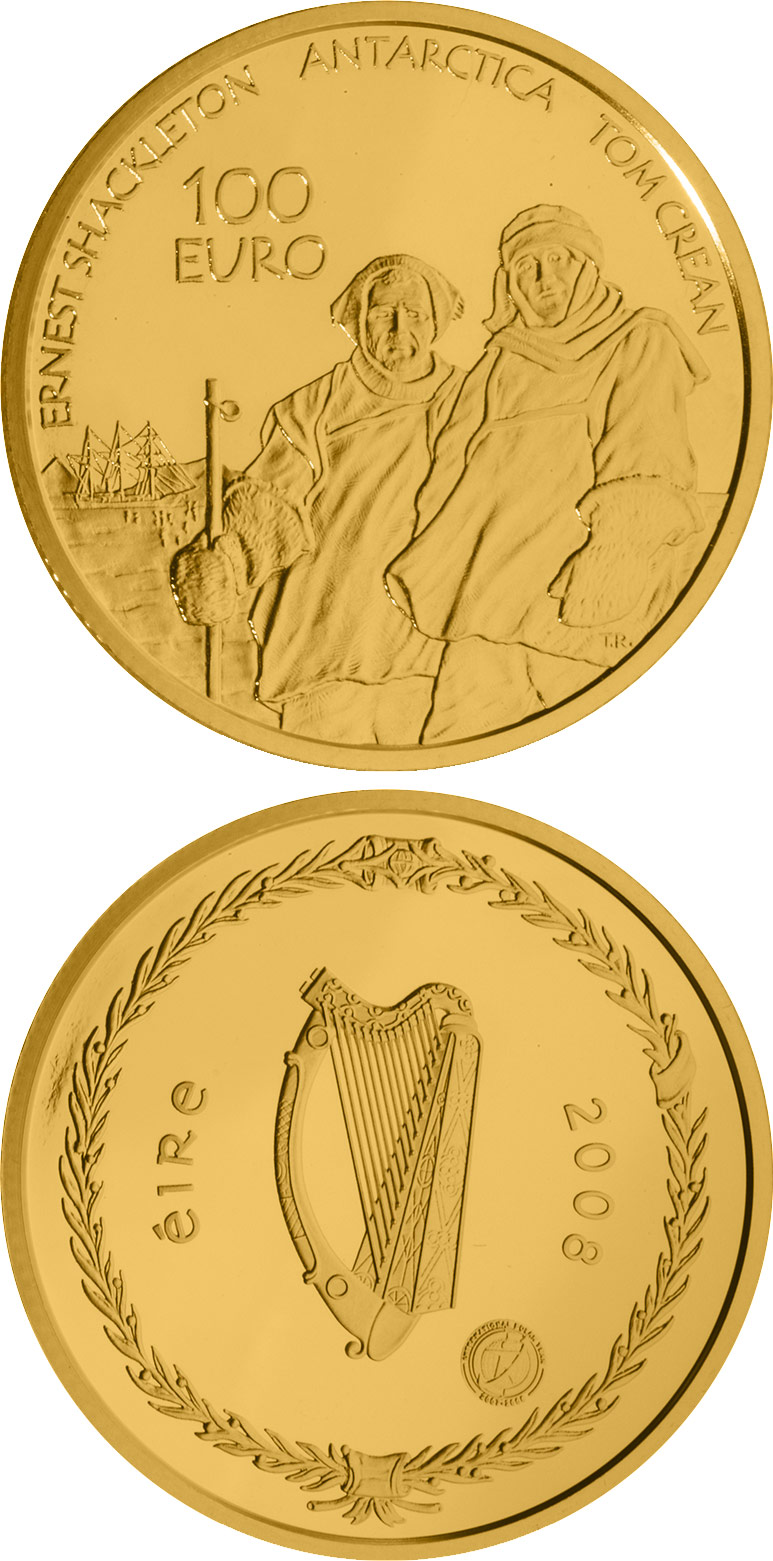 Image of 100 euro coin - Polar Year | Ireland 2008.  The Gold coin is of Proof quality.