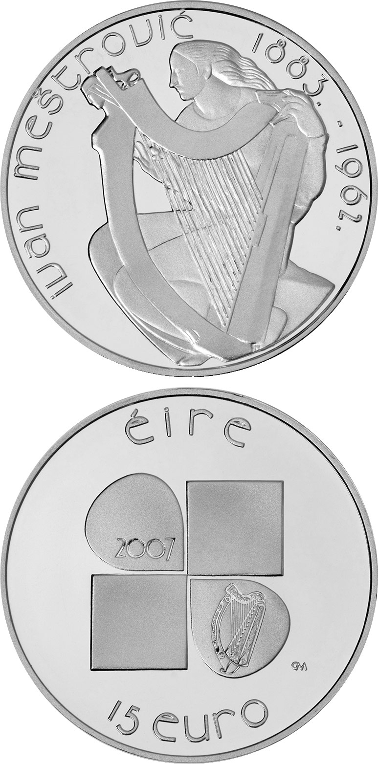 Image of 15 euro coin - Ivan Meštrović's design | Ireland 2007.  The Silver coin is of Proof quality.