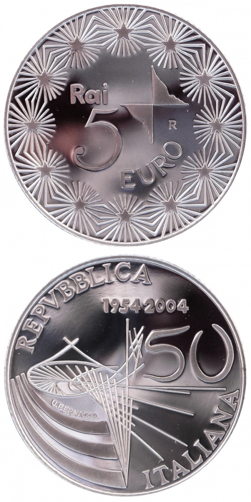 Image of 5 euro coin - 50 years Television in Italy | Italy 2004.  The Silver coin is of Proof, BU quality.