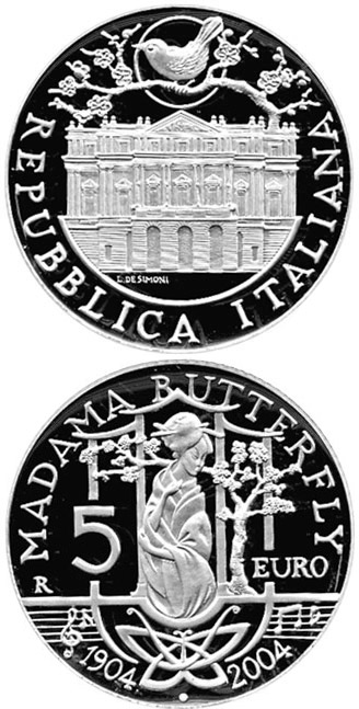 Image of 5 euro coin - 80. anniversary of the death of Giacomo Puccini - Madame Butterfly | Italy 2004.  The Silver coin is of Proof, BU quality.