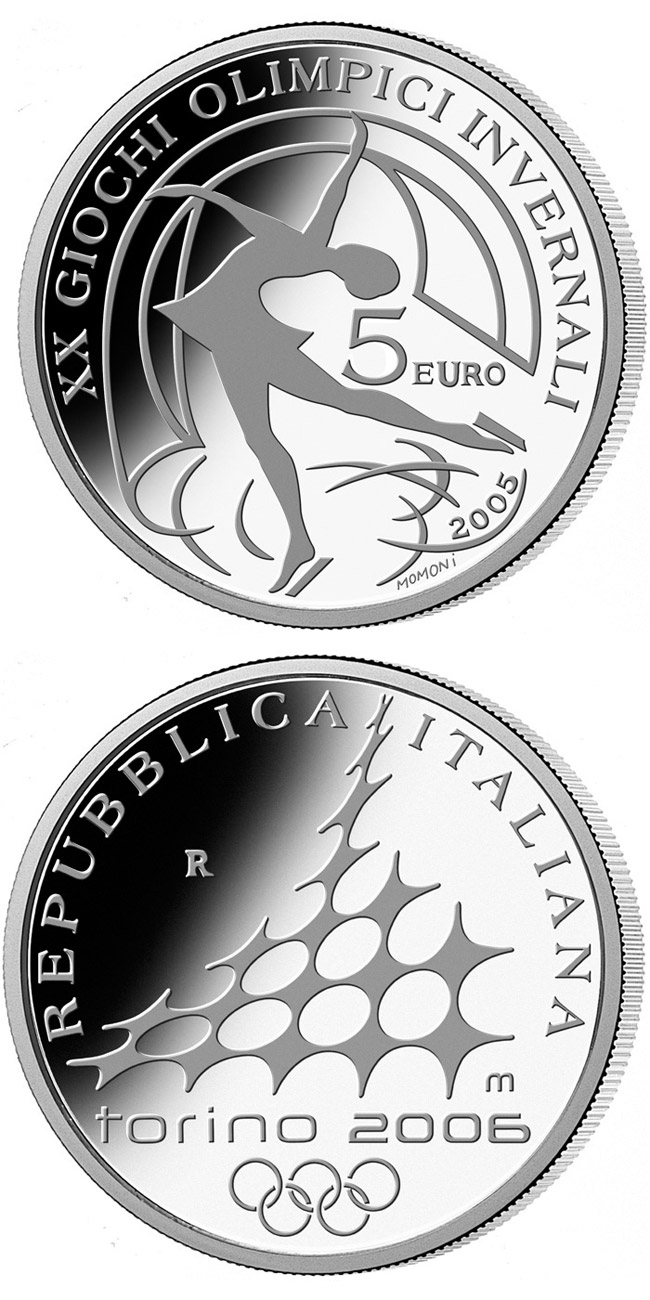 Image of 5 euro coin - XX. Olympic Winter Games 2006 in Turin - Figure skating | Italy 2005.  The Silver coin is of Proof quality.