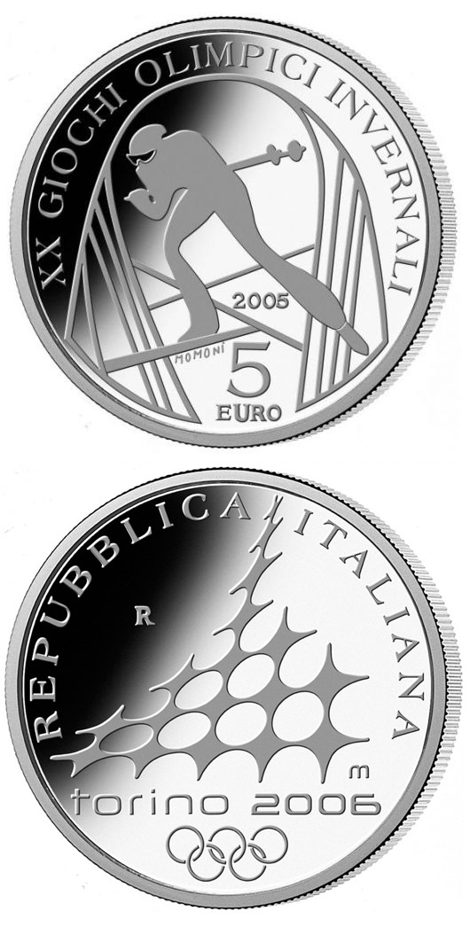 Image of 5 euro coin - XX. Olympic Winter Games 2006 in Turin - Cross-Country Skiing | Italy 2005.  The Silver coin is of Proof quality.