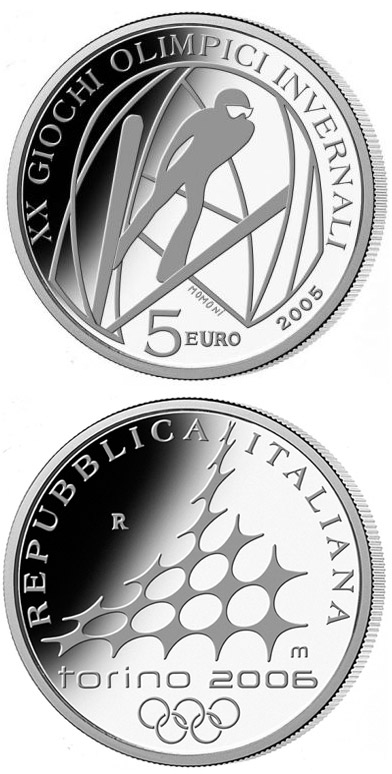 Image of 5 euro coin - XX. Olympic Winter Games 2006 in Turin - Ski Jumping | Italy 2005.  The Silver coin is of Proof quality.