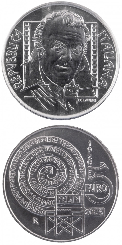Image of 5 euro coin - 85. birthday of Federico Fellini | Italy 2005.  The Silver coin is of Proof, BU quality.