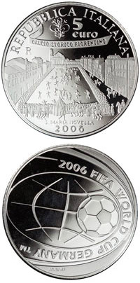 Image of 5 euro coin - FIFA Football World Cup 2006 in Germany | Italy 2006.  The Silver coin is of Proof quality.