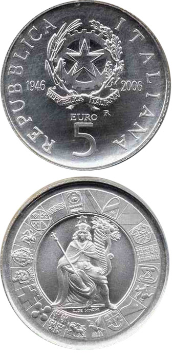 Image of 5 euro coin - 60 years Republic of Italy | Italy 2006.  The Silver coin is of Proof, BU quality.