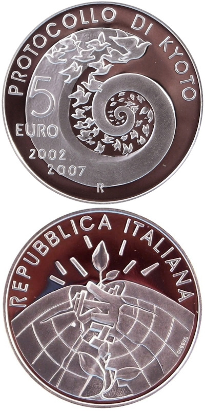 Image of 5 euro coin - 5 years Kyoto Protocol | Italy 2007.  The Silver coin is of Proof, BU quality.