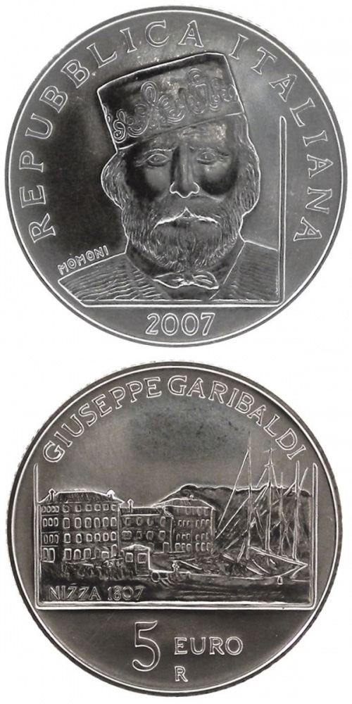 Image of 5 euro coin - 200. birthday of Giuseppe Garibaldi | Italy 2007.  The Silver coin is of BU quality.