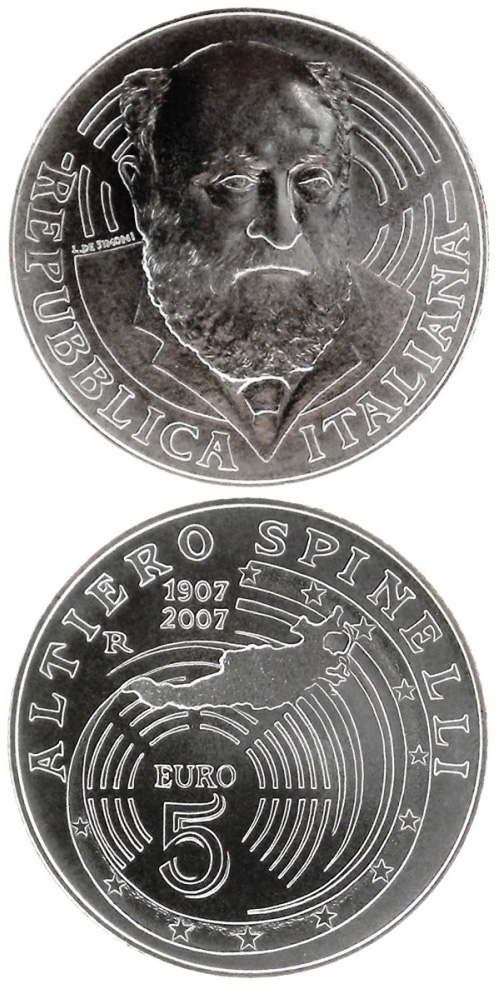 Image of 5 euro coin - 100. birthday of Altiero Spinelli | Italy 2007.  The Silver coin is of BU quality.