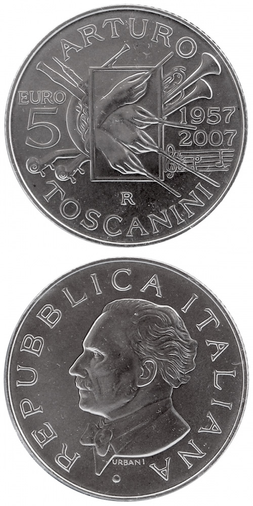 Image of 5 euro coin - 50th anniversary of the death bon Arturo Toscanini | Italy 2007.  The Silver coin is of BU quality.