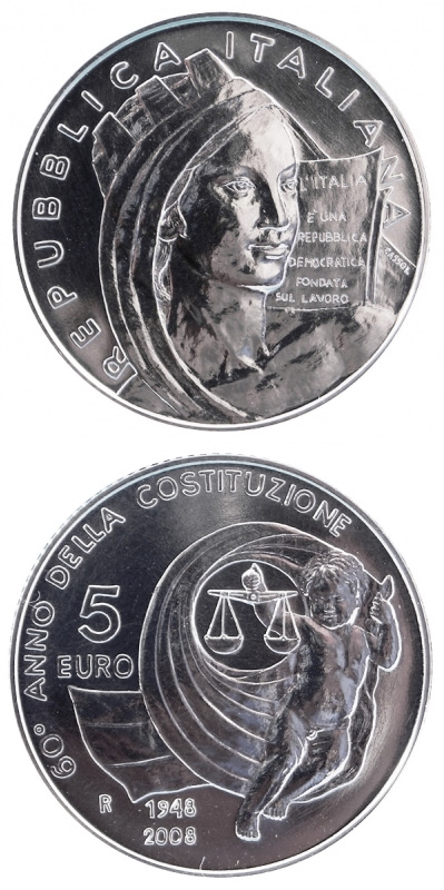 Image of 5 euro coin - 60th Anniversary of the Constitution of the Italian Republic  | Italy 2008.  The Silver coin is of BU quality.