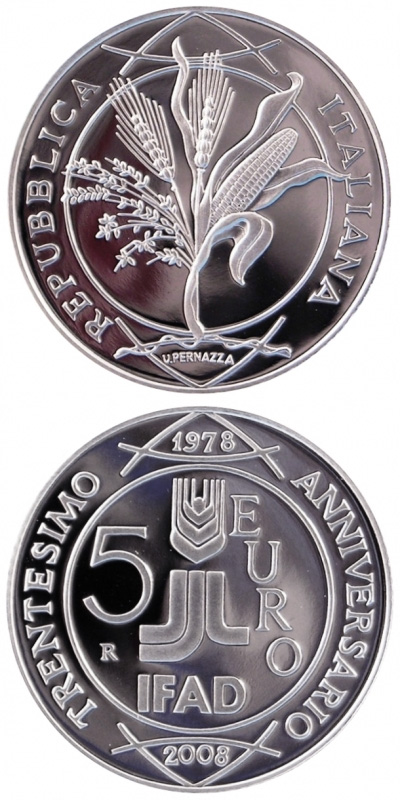 Image of 5 euro coin - 30th Anniversary of the foundation IFAD  | Italy 2008.  The Silver coin is of Proof, BU quality.