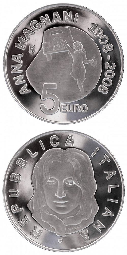 Image of 5 euro coin - 100th anniversary of the birth Anna Magnani  | Italy 2008.  The Silver coin is of Proof quality.