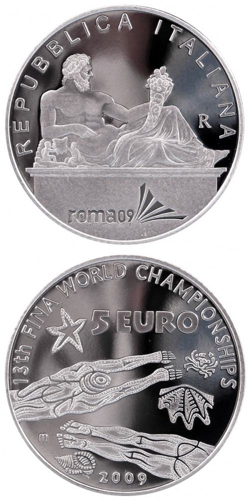 Image of 5 euro coin - XIII FINA World Championship  | Italy 2009.  The Silver coin is of Proof, BU quality.