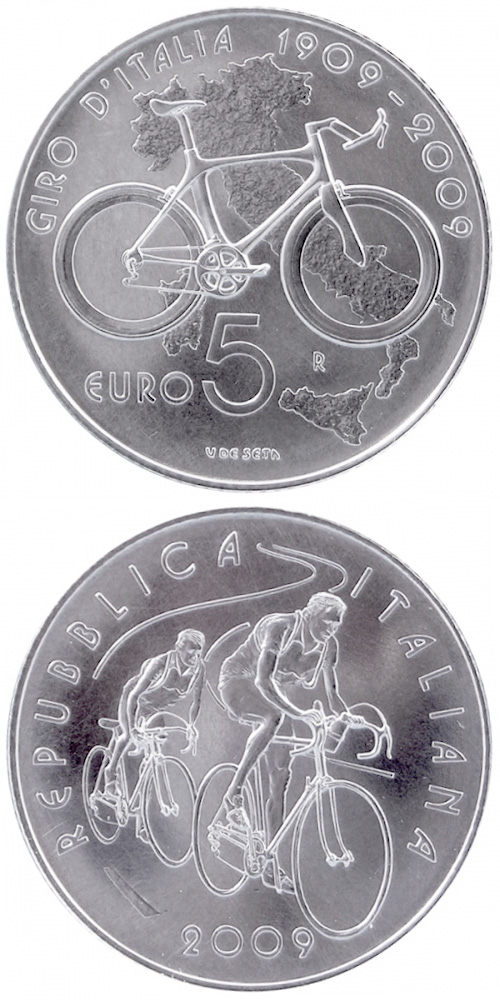 Image of 5 euro coin - 100th anniversary Giro d'Italia  | Italy 2009.  The Silver coin is of BU quality.