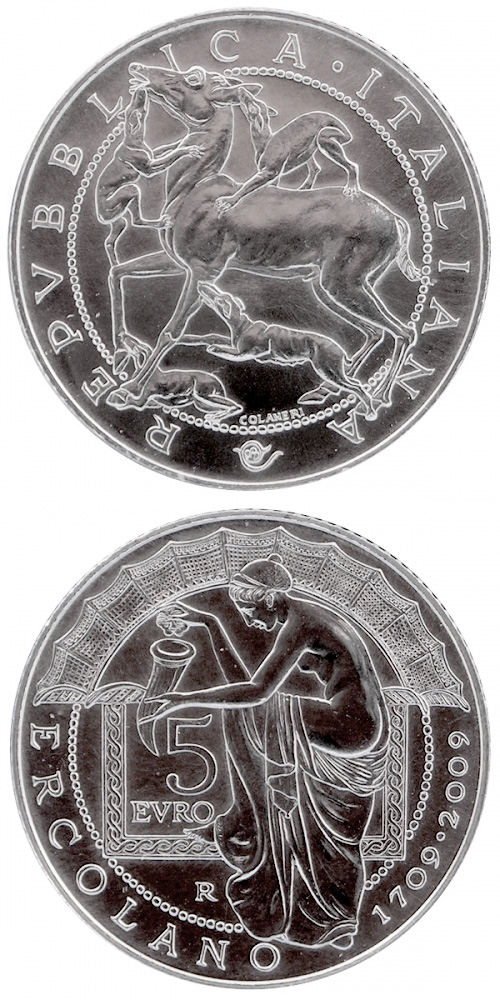Image of 5 euro coin - 300th Anniversary of the Discovery of Herculaneum | Italy 2009.  The Silver coin is of BU quality.
