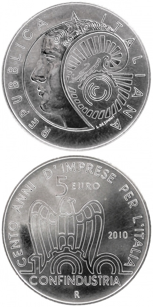 Image of 5 euro coin - 100th anniversary of the Italian employers' federation  | Italy 2010.  The Silver coin is of BU quality.