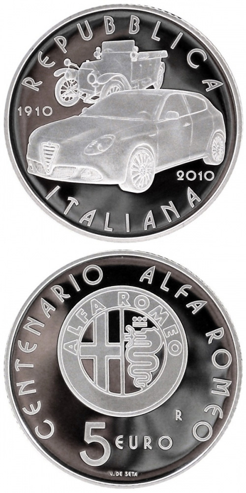 Image of 5 euro coin - 100th anniversary of the first Alfa Romeo ever built in 1910  | Italy 2010.  The Silver coin is of Proof, BU quality.