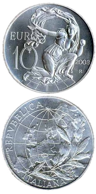 Image of 10 euro coin - Europe of the people | Italy 2003.  The Silver coin is of Proof, BU quality.